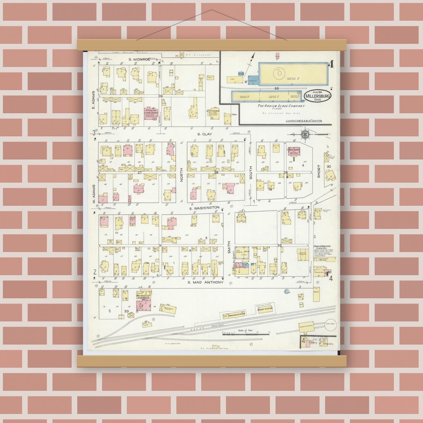 Old map wall art mockup — magnetic wood frame on brick wall — Sanborn Fire Insurance Map from Millersburg, Holmes County, Ohio (1914), Sheet #0004