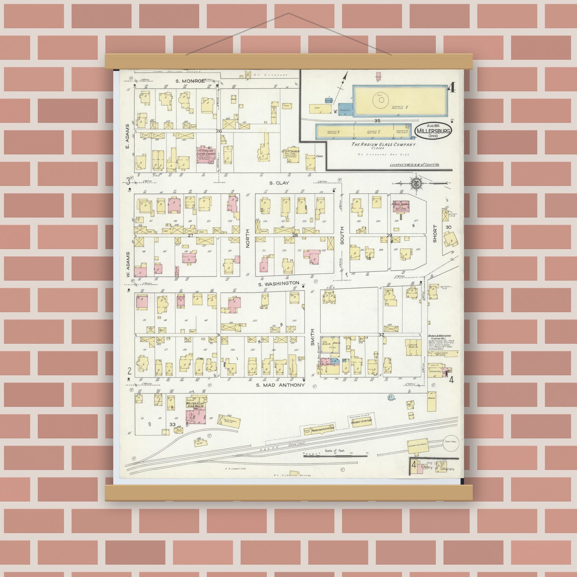 Old map wall art mockup — magnetic wood frame on brick wall — Sanborn Fire Insurance Map from Millersburg, Holmes County, Ohio (1914), Sheet #0004