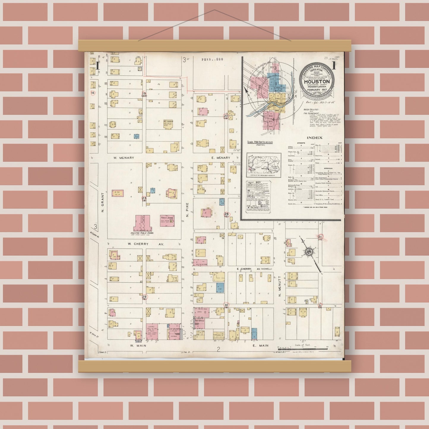 Old map wall art mockup — magnetic wood frame on brick wall — Sanborn Fire Insurance Map from Houston, Washington County, Pennsylvania (1936) - Complete Map Set