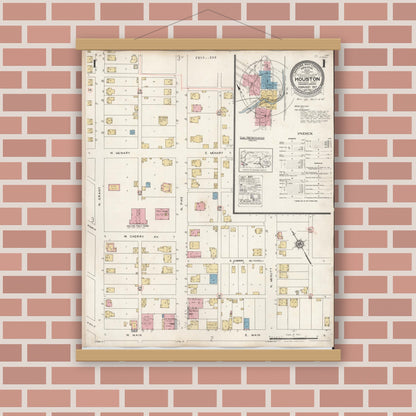 Old map wall art mockup — magnetic wood frame on brick wall — Sanborn Fire Insurance Map from Houston, Washington County, Pennsylvania (1936) - Complete Map Set