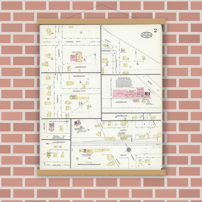 Old map wall art mockup — magnetic wood frame on brick wall — Sanborn Fire Insurance Map from Sharon, Walworth County, Wisconsin (1914), Sheet #0002