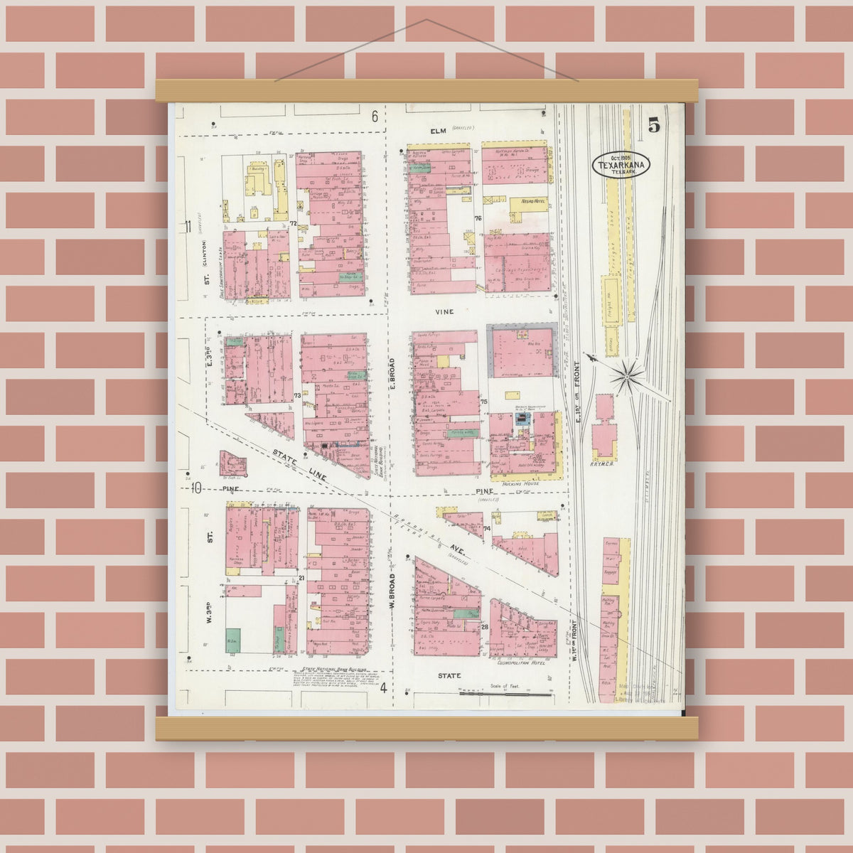 Old map wall art mockup — magnetic wood frame on brick wall — Sanborn Fire Insurance Map from Texarkana, Bowie County, Texas (1905), Sheet #0005