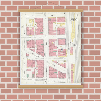 Old map wall art mockup — magnetic wood frame on brick wall — Sanborn Fire Insurance Map from Texarkana, Bowie County, Texas (1905), Sheet #0005