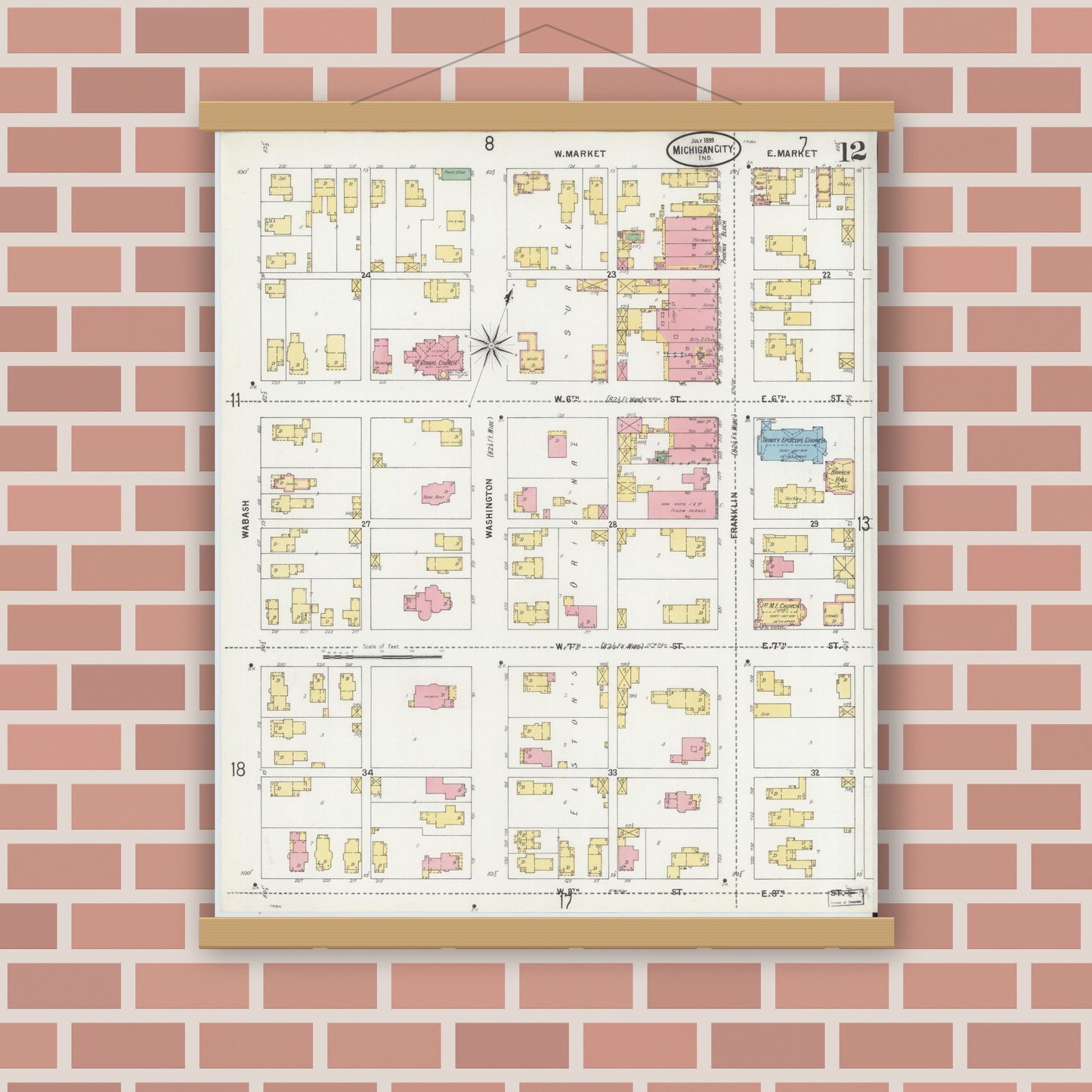 Old map wall art mockup — magnetic wood frame on brick wall — Sanborn Fire Insurance Map from Michigan City, La Porte County, Indiana (1899), Sheet #0012
