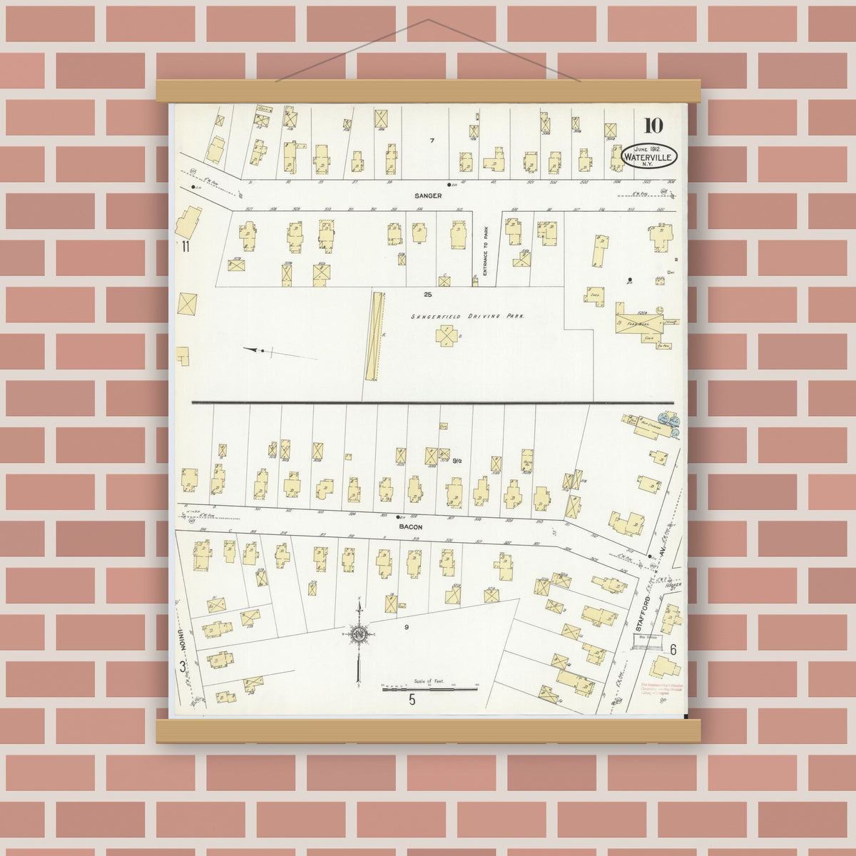 Old map wall art mockup — magnetic wood frame on brick wall — Sanborn Fire Insurance Map from Waterville, Oneida County, New York (1912), Sheet #0010