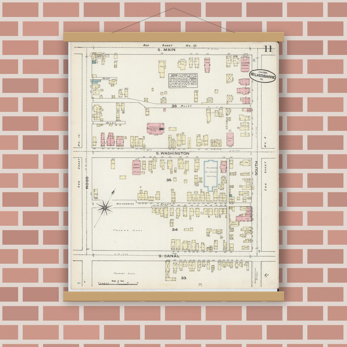 Old map wall art mockup — magnetic wood frame on brick wall — Sanborn Fire Insurance Map from Wilkes Barre, Luzerne County, Pennsylvania (1884), Sheet #0011
