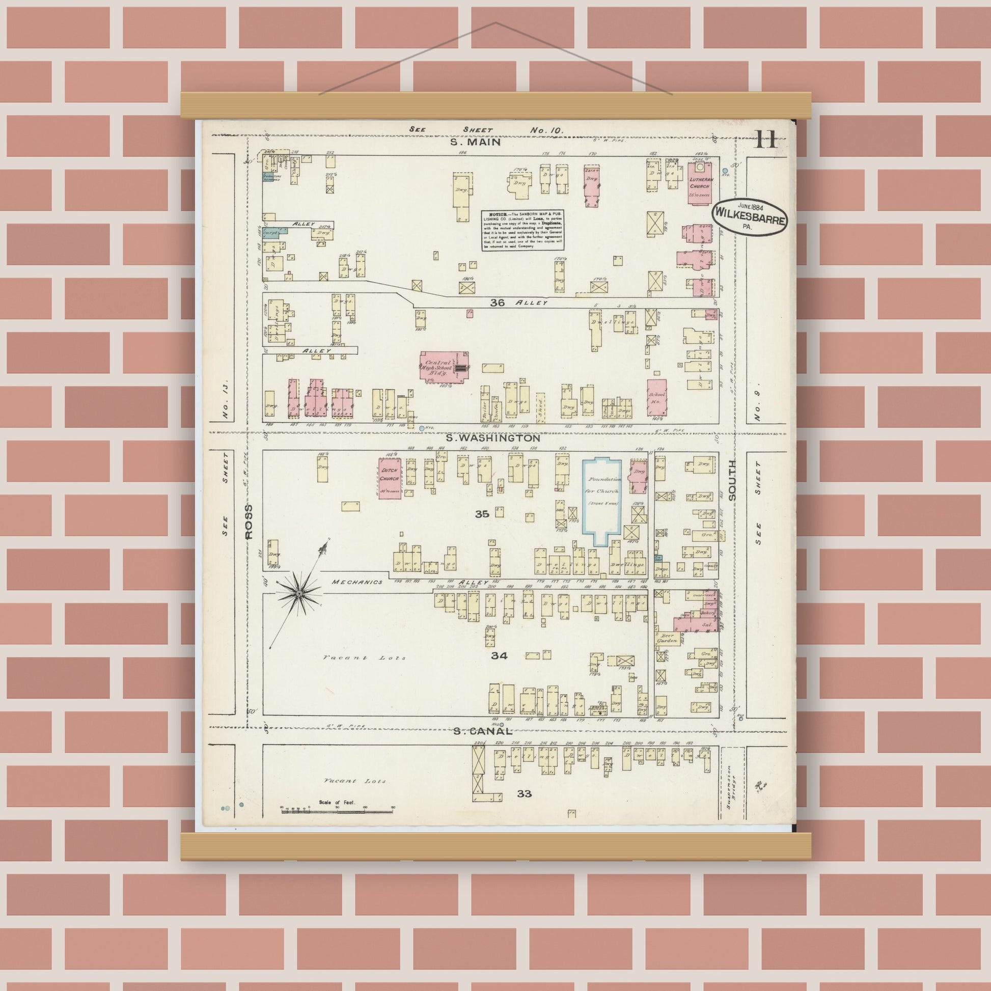 Old map wall art mockup — magnetic wood frame on brick wall — Sanborn Fire Insurance Map from Wilkes Barre, Luzerne County, Pennsylvania (1884), Sheet #0011