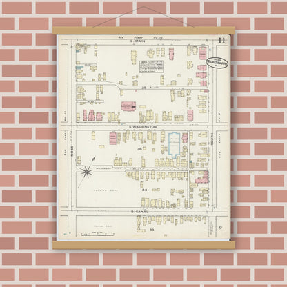 Old map wall art mockup — magnetic wood frame on brick wall — Sanborn Fire Insurance Map from Wilkes Barre, Luzerne County, Pennsylvania (1884), Sheet #0011