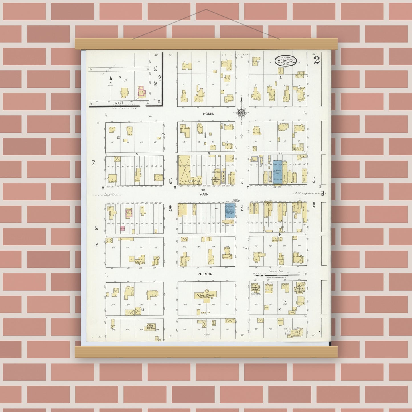 Old map wall art mockup — magnetic wood frame on brick wall — Sanborn Fire Insurance Map from Edmore, Montcalm County, Michigan (1918), Sheet #0002