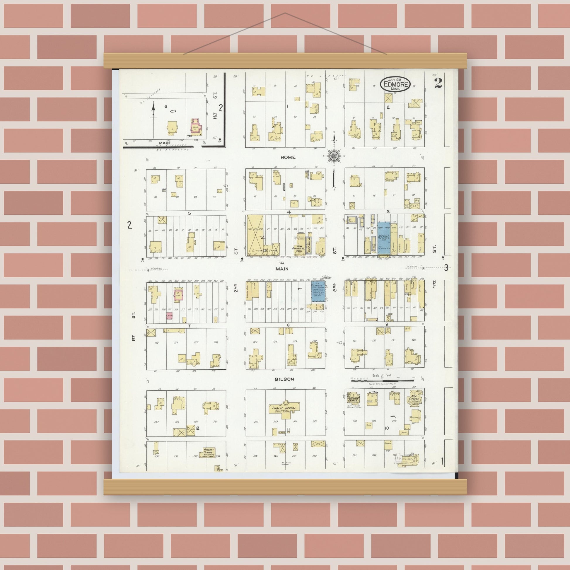 Old map wall art mockup — magnetic wood frame on brick wall — Sanborn Fire Insurance Map from Edmore, Montcalm County, Michigan (1918), Sheet #0002