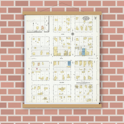 Old map wall art mockup — magnetic wood frame on brick wall — Sanborn Fire Insurance Map from Edmore, Montcalm County, Michigan (1918), Sheet #0002