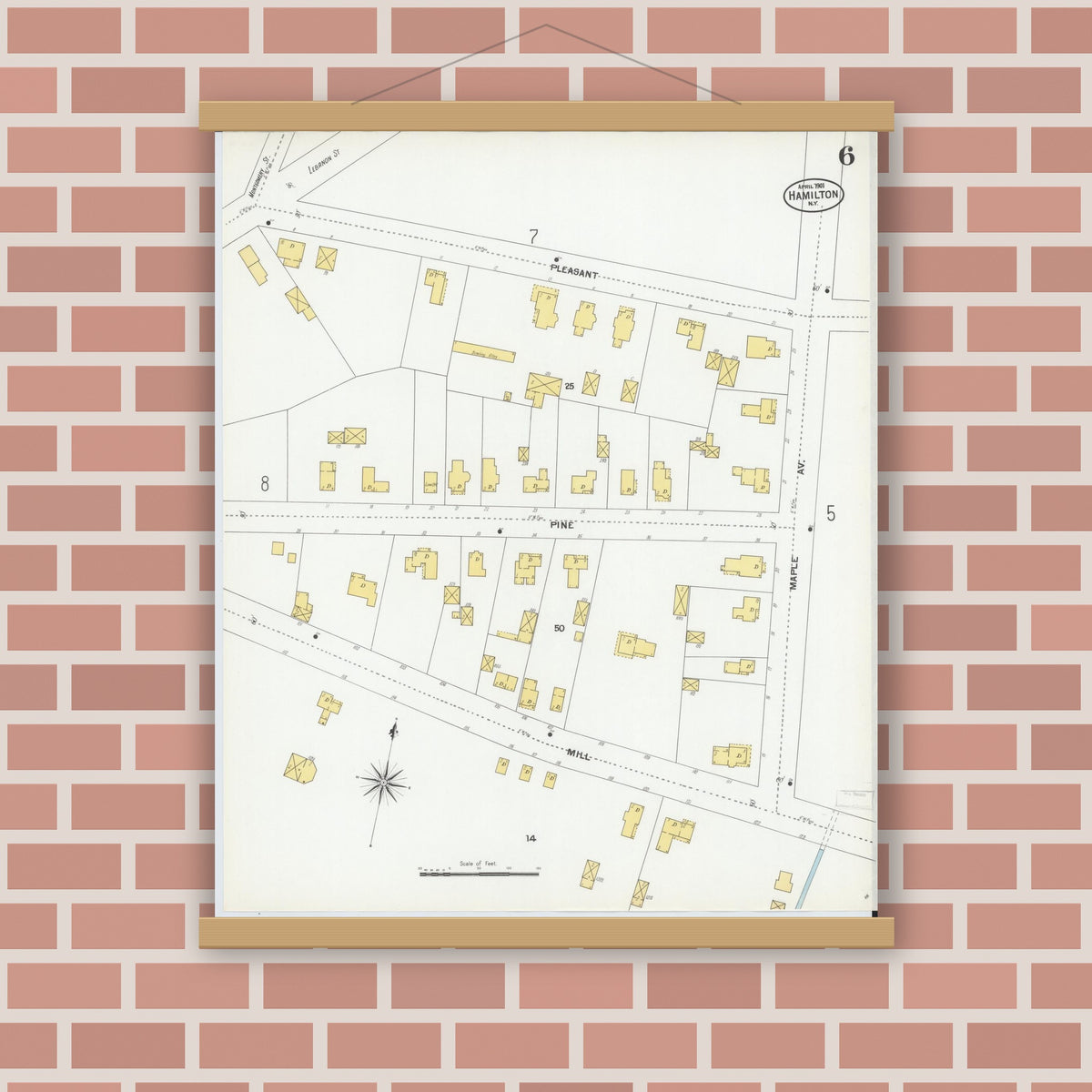 Old map wall art mockup — magnetic wood frame on brick wall — Sanborn Fire Insurance Map from Hamilton, Madison County, New York (1901), Sheet #0006