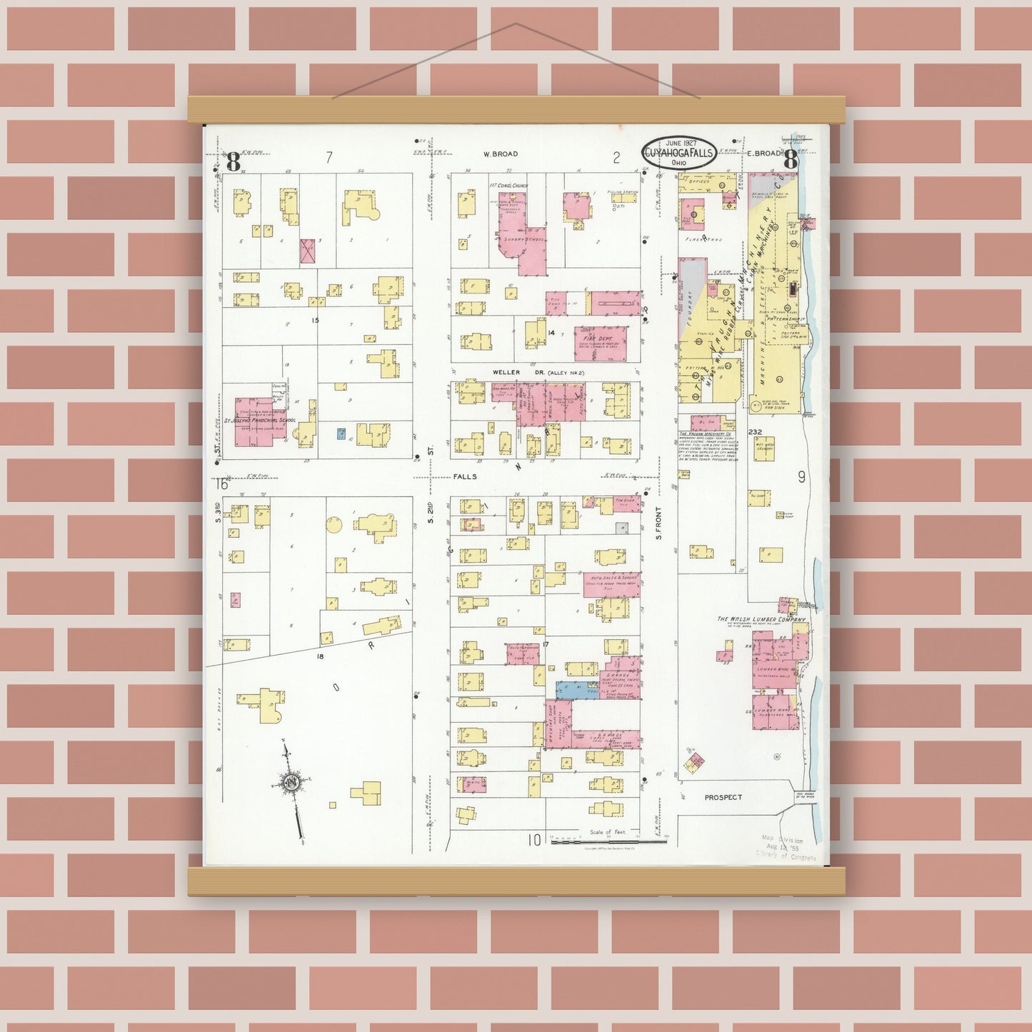 Old map wall art mockup — magnetic wood frame on brick wall — Sanborn Fire Insurance Map from Cuyahoga Falls, Summit County, Ohio (1927), Sheet #0008