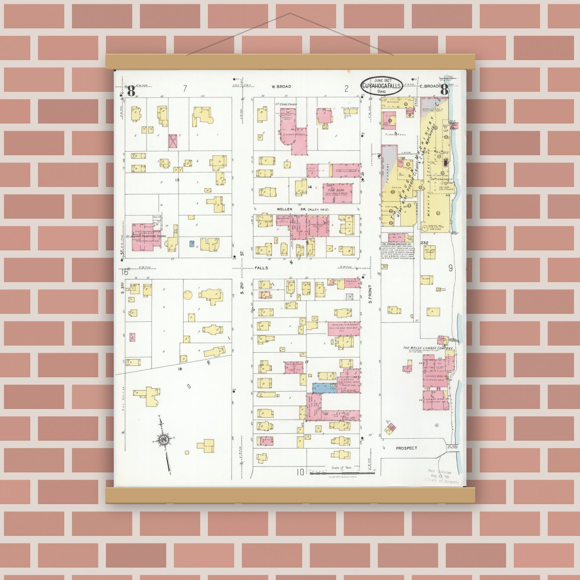 Old map wall art mockup — magnetic wood frame on brick wall — Sanborn Fire Insurance Map from Cuyahoga Falls, Summit County, Ohio (1927), Sheet #0008