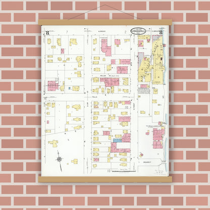Old map wall art mockup — magnetic wood frame on brick wall — Sanborn Fire Insurance Map from Cuyahoga Falls, Summit County, Ohio (1927), Sheet #0008