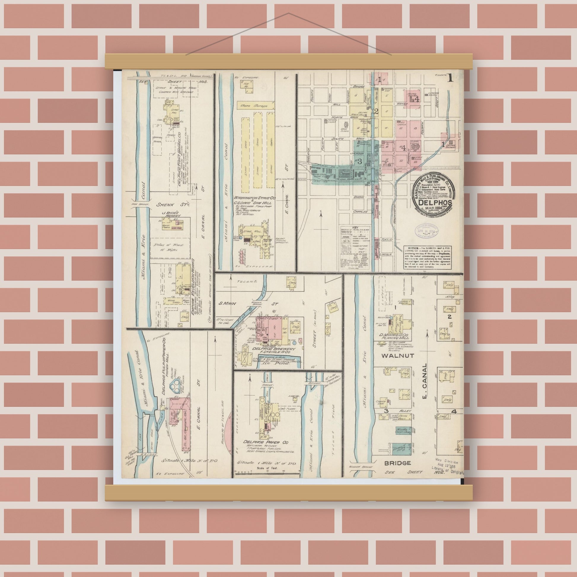 Old map wall art mockup — magnetic wood frame on brick wall — Sanborn Fire Insurance Map from Delphos, Van Wert And Allen Counties, Ohio (1884), Sheet #0001