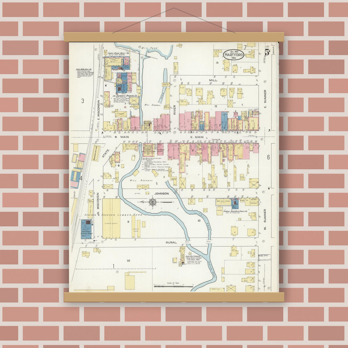 Old map wall art mockup — magnetic wood frame on brick wall — Sanborn Fire Insurance Map from Hartford, Washington County, Wisconsin (1913), Sheet #0005