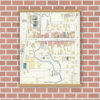 Old map wall art mockup — magnetic wood frame on brick wall — Sanborn Fire Insurance Map from Hartford, Washington County, Wisconsin (1913), Sheet #0005
