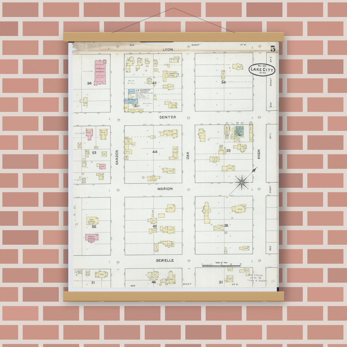 Old map wall art mockup — magnetic wood frame on brick wall — Sanborn Fire Insurance Map from Lake City, Wabasha County, Minnesota (1891), Sheet #0005