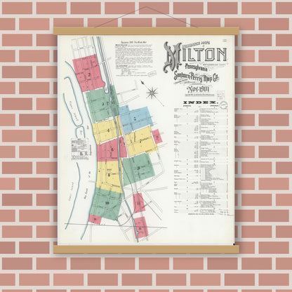 Old map wall art mockup — magnetic wood frame on brick wall — Sanborn Fire Insurance Map from Milton, Northumberland County, Pennsylvania (1901) - Complete Map Set