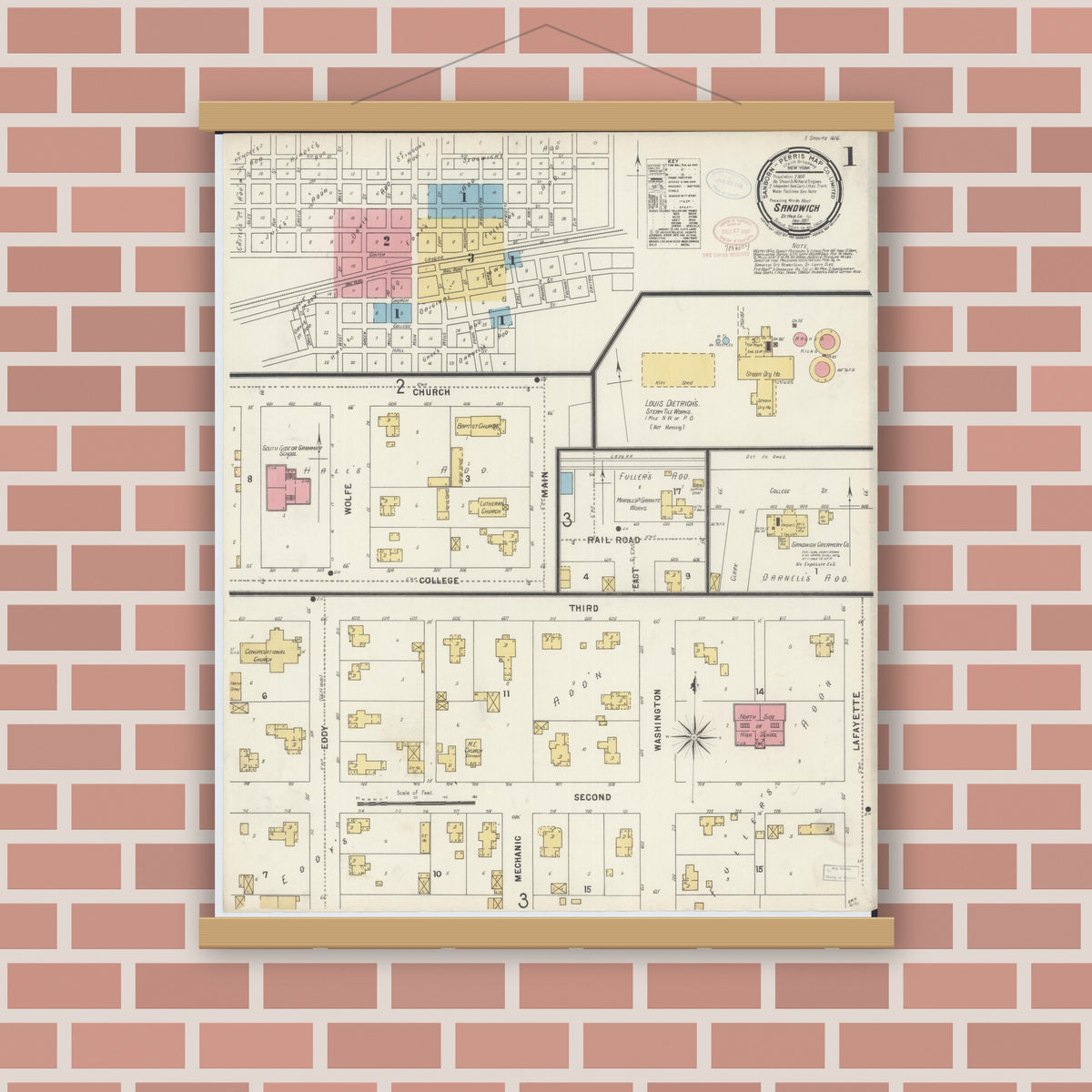 Old map wall art mockup — magnetic wood frame on brick wall — Sanborn Fire Insurance Map from Sandwich, De Kalb County, Illinois (1897), Sheet #0001