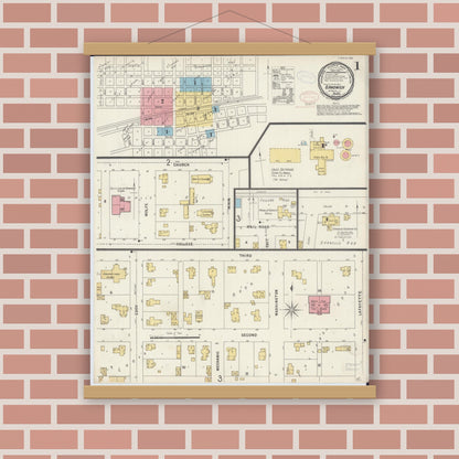 Old map wall art mockup — magnetic wood frame on brick wall — Sanborn Fire Insurance Map from Sandwich, De Kalb County, Illinois (1897), Sheet #0001