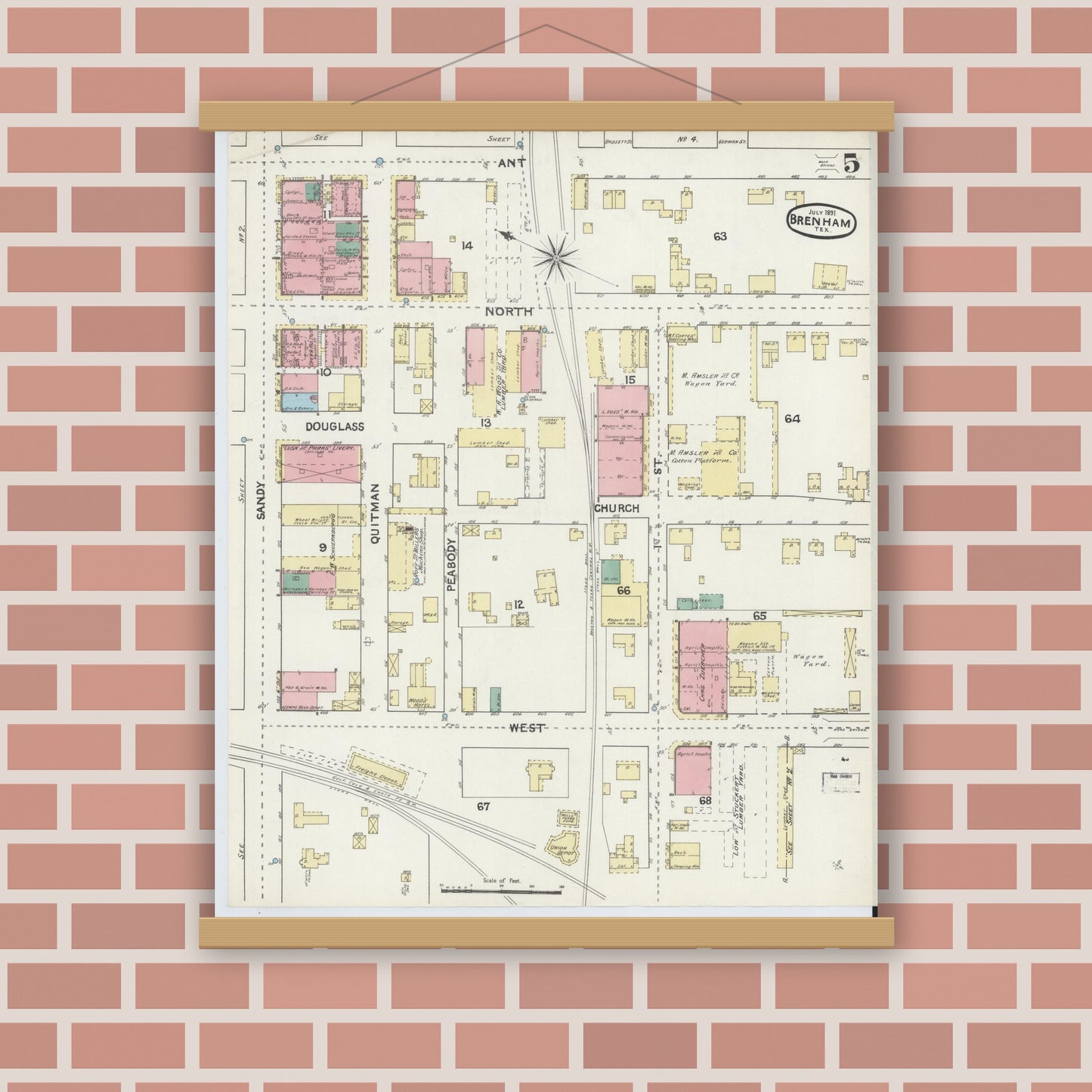 Old map wall art mockup — magnetic wood frame on brick wall — Sanborn Fire Insurance Map from Brenham, Washington County, Texas (1891), Sheet #0005