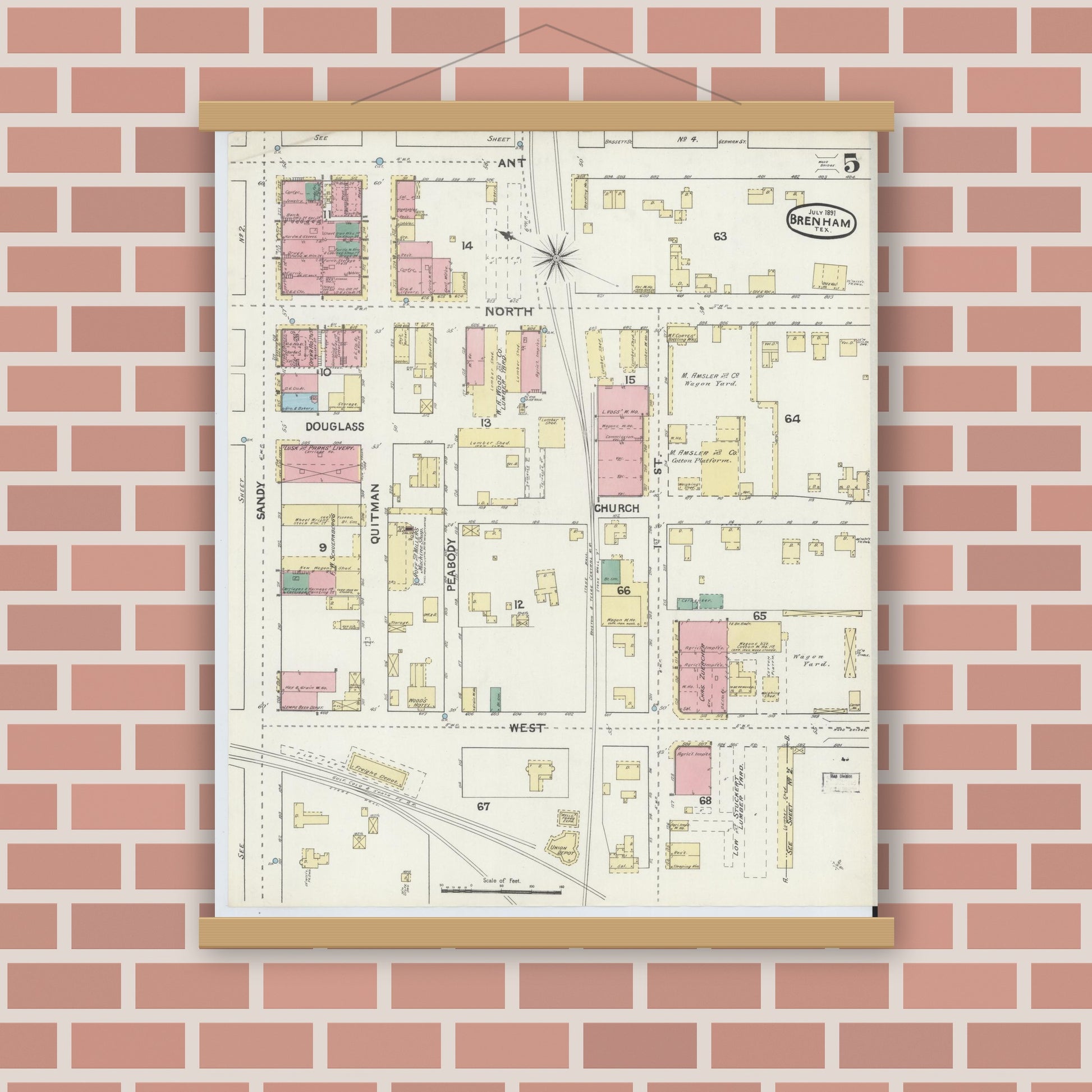 Old map wall art mockup — magnetic wood frame on brick wall — Sanborn Fire Insurance Map from Brenham, Washington County, Texas (1891), Sheet #0005