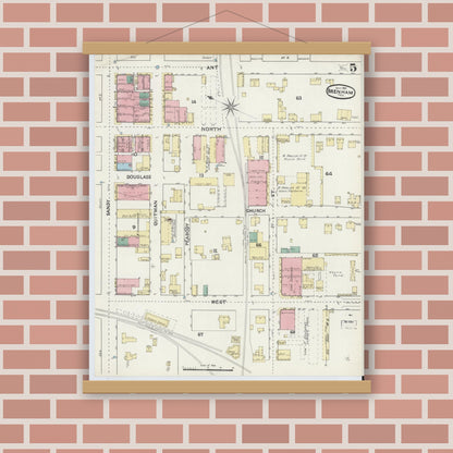 Old map wall art mockup — magnetic wood frame on brick wall — Sanborn Fire Insurance Map from Brenham, Washington County, Texas (1891), Sheet #0005