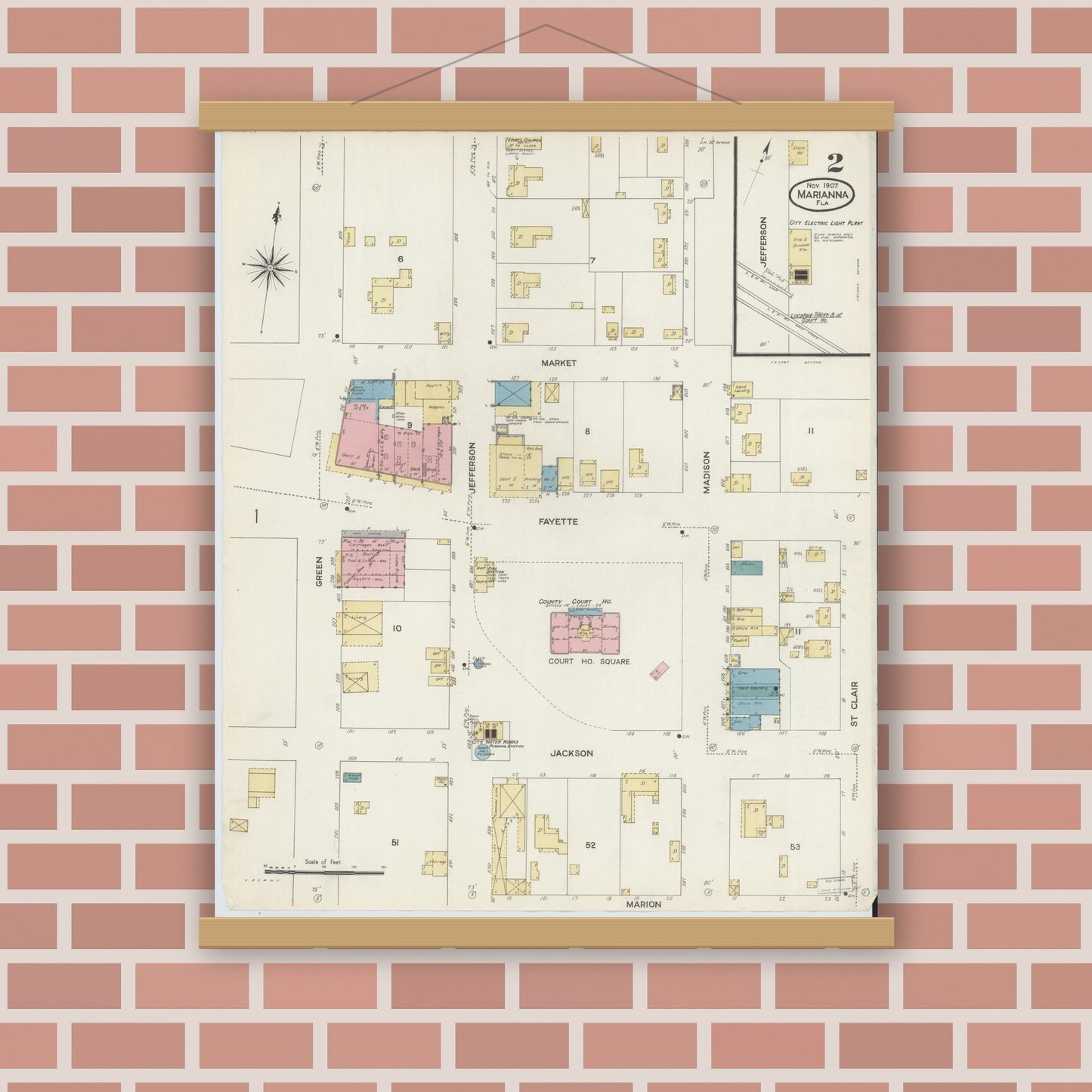 Old map wall art mockup — magnetic wood frame on brick wall — Sanborn Fire Insurance Map from Marianna, Jackson County, Florida (1907), Sheet #0002