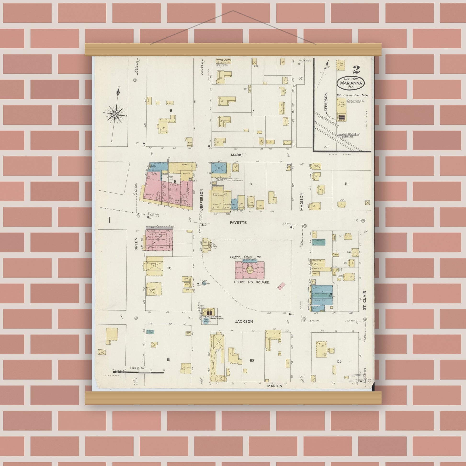 Old map wall art mockup — magnetic wood frame on brick wall — Sanborn Fire Insurance Map from Marianna, Jackson County, Florida (1907), Sheet #0002
