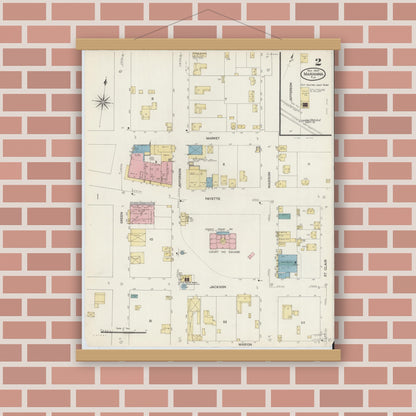 Old map wall art mockup — magnetic wood frame on brick wall — Sanborn Fire Insurance Map from Marianna, Jackson County, Florida (1907), Sheet #0002