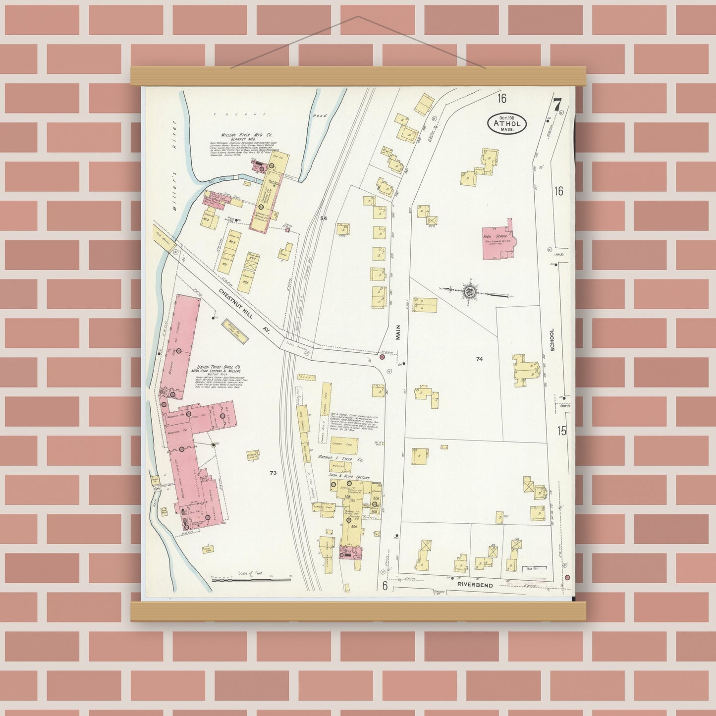 Old map wall art mockup — magnetic wood frame on brick wall — Sanborn Fire Insurance Map from Athol, Worcester County, Massachusetts (1911), Sheet #0007