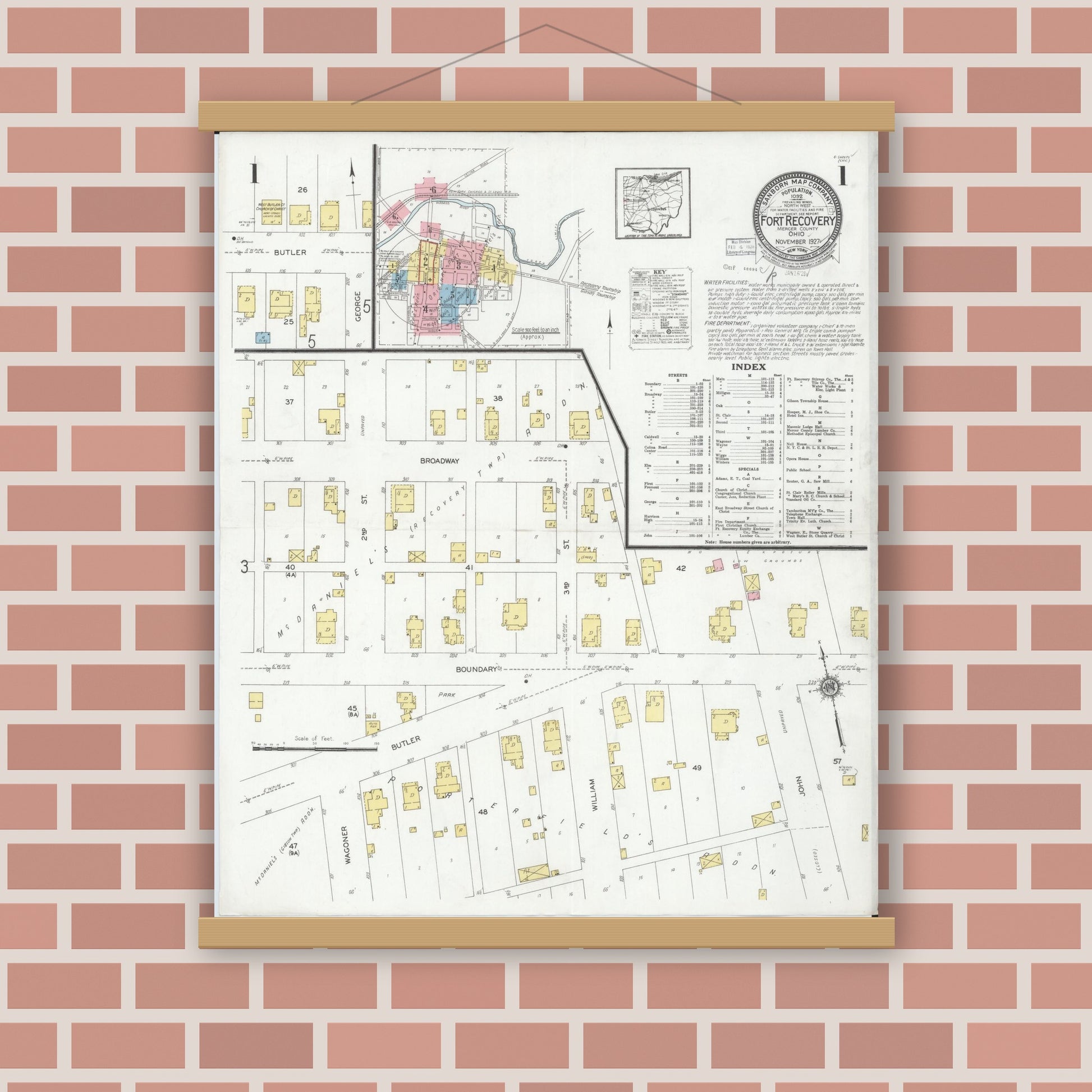 Old map wall art mockup — magnetic wood frame on brick wall — Sanborn Fire Insurance Map from Fort Recovery, Mercer County, Ohio (1927) - Complete Map Set