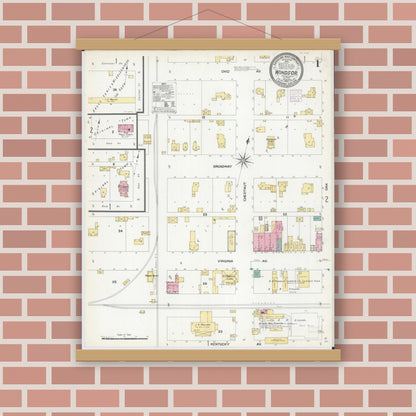 Old map wall art mockup — magnetic wood frame on brick wall — Sanborn Fire Insurance Map from Windsor, Shelby County, Illinois (1907), Sheet #0001