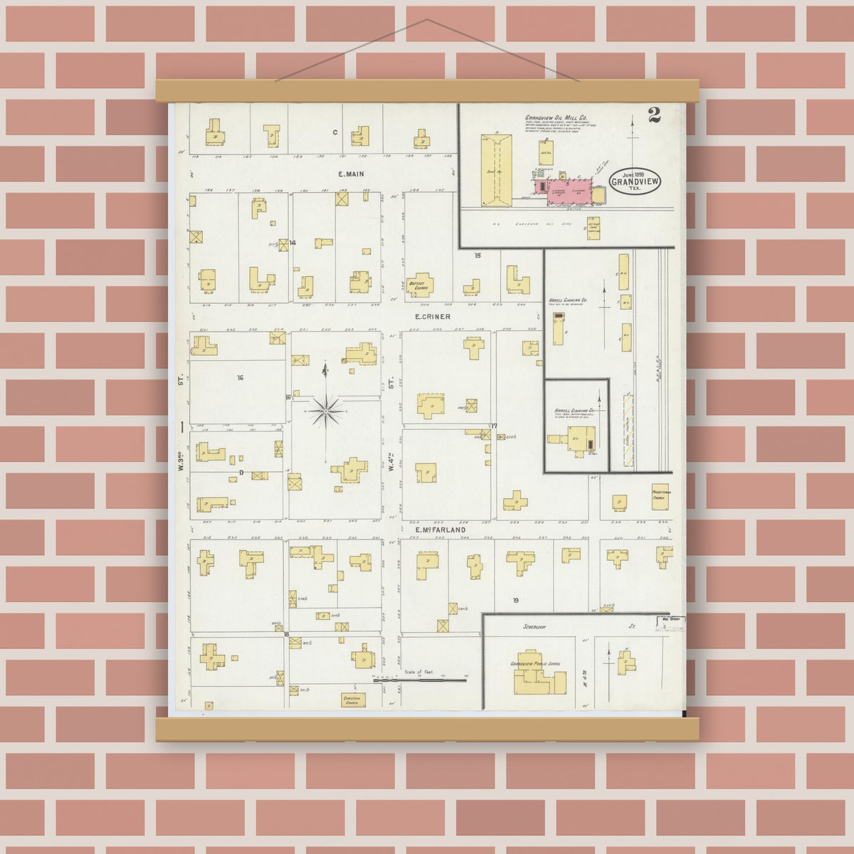 Old map wall art mockup — magnetic wood frame on brick wall — Sanborn Fire Insurance Map from Grandview, Johnson County, Texas (1898), Sheet #0002