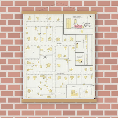 Old map wall art mockup — magnetic wood frame on brick wall — Sanborn Fire Insurance Map from Grandview, Johnson County, Texas (1898), Sheet #0002
