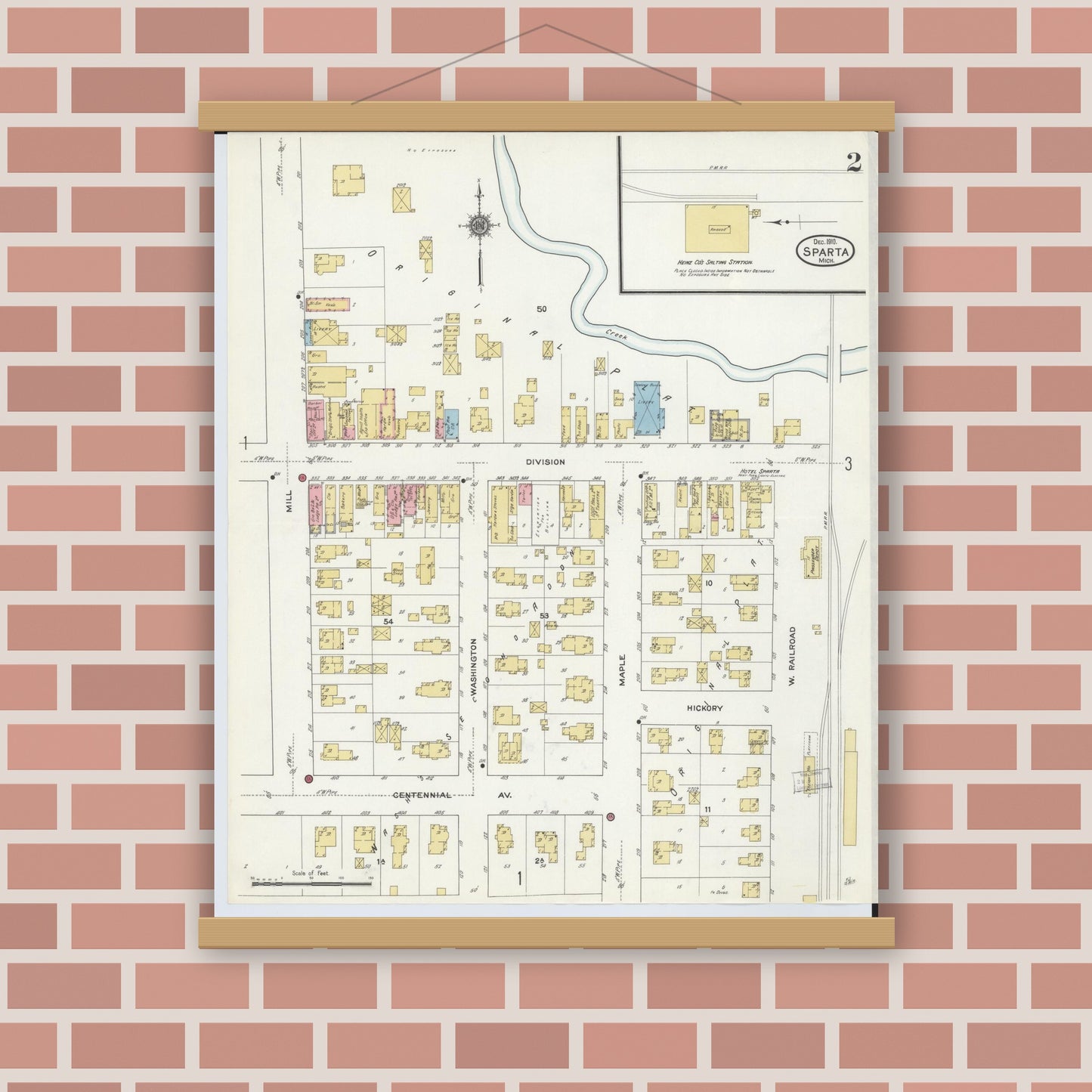 Old map wall art mockup — magnetic wood frame on brick wall — Sanborn Fire Insurance Map from Sparta, Kent County, Michigan (1910), Sheet #0002