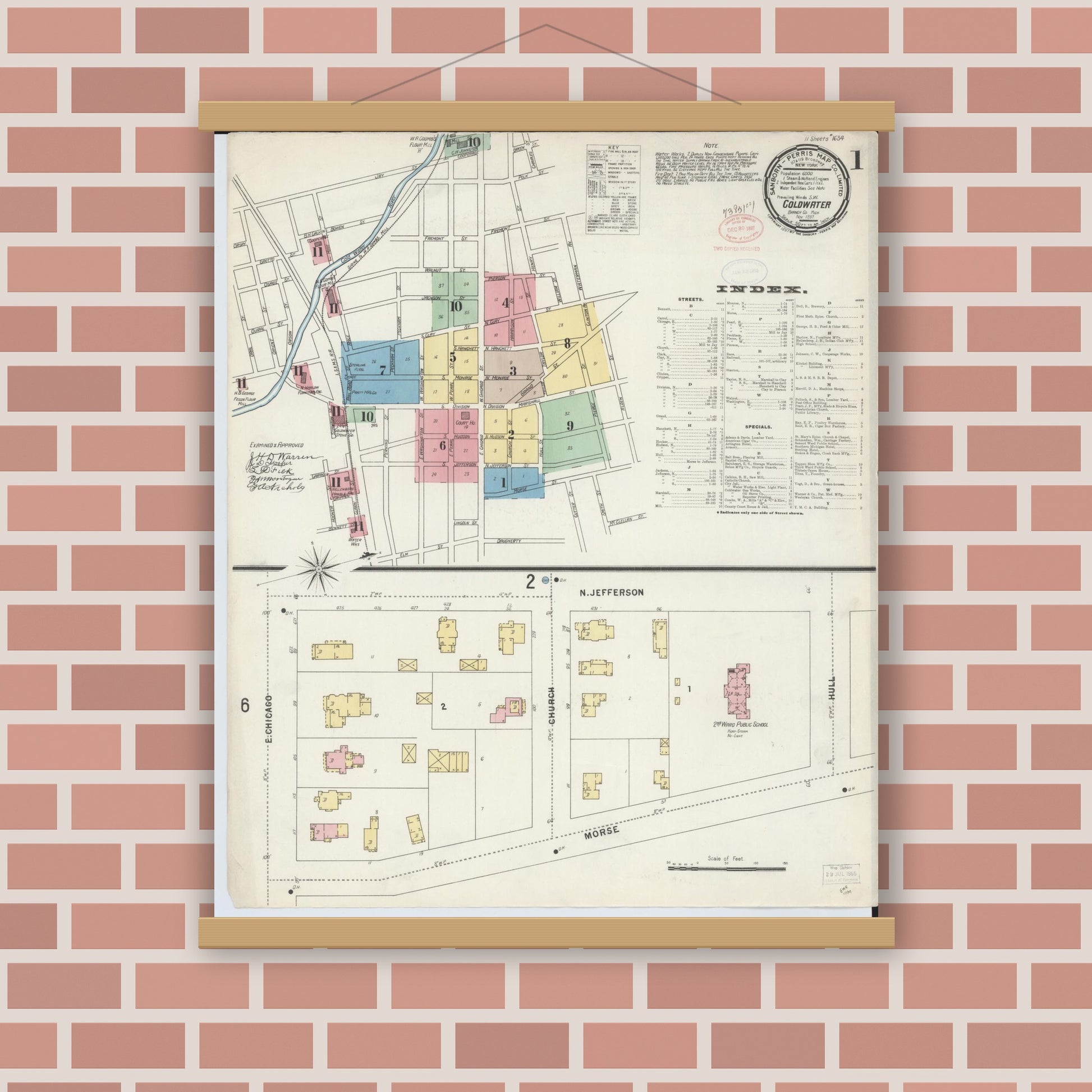 Old map wall art mockup — magnetic wood frame on brick wall — Sanborn Fire Insurance Map from Coldwater, Branch County, Michigan (1897) - Complete Map Set