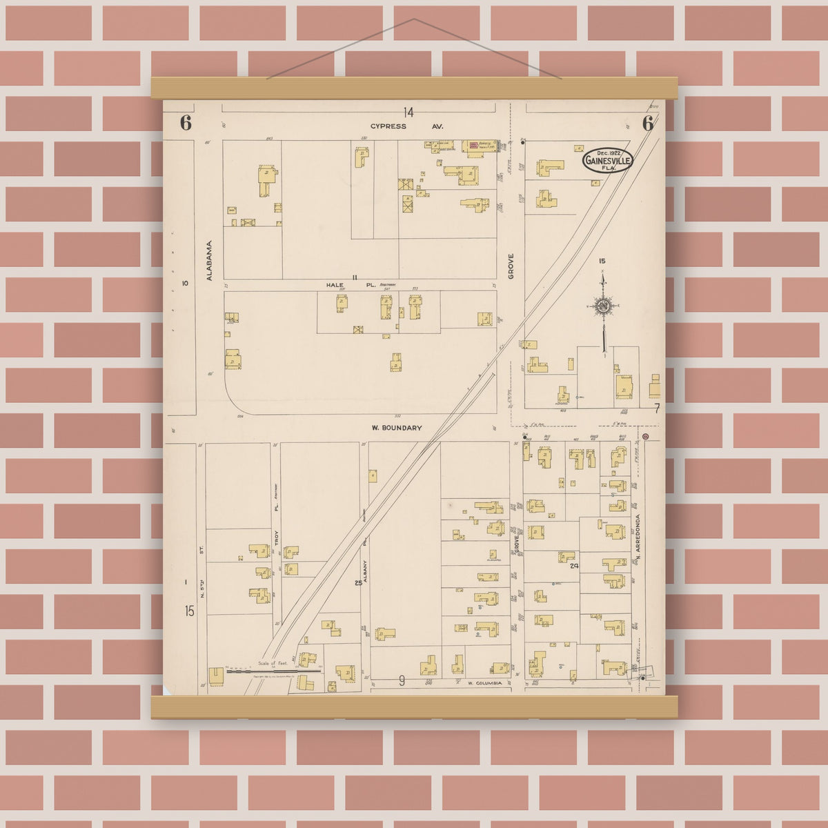 Old map wall art mockup — magnetic wood frame on brick wall — Sanborn Fire Insurance Map from Gainesville, Alachua County, Florida (1922), Sheet #0006