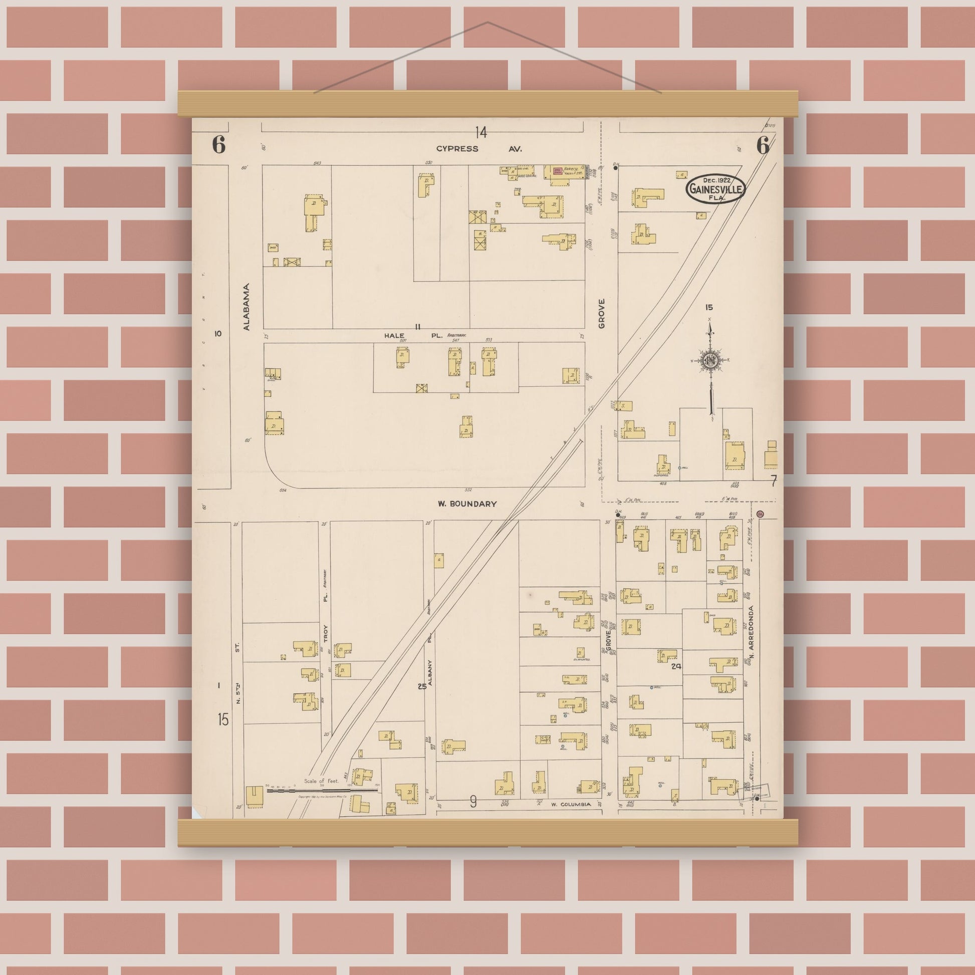 Old map wall art mockup — magnetic wood frame on brick wall — Sanborn Fire Insurance Map from Gainesville, Alachua County, Florida (1922), Sheet #0006