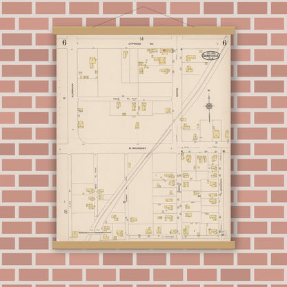 Old map wall art mockup — magnetic wood frame on brick wall — Sanborn Fire Insurance Map from Gainesville, Alachua County, Florida (1922), Sheet #0006