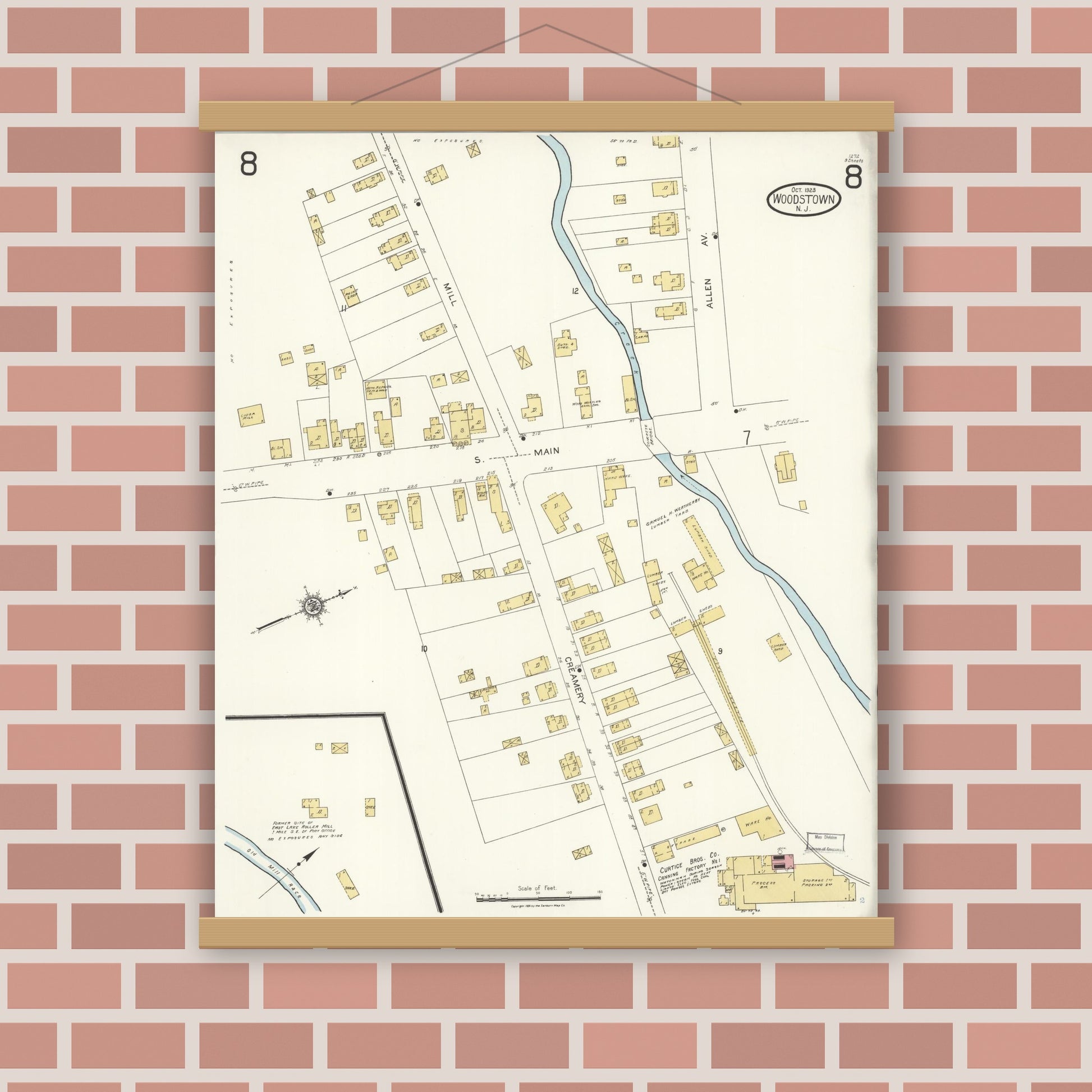 Old map wall art mockup — magnetic wood frame on brick wall — Sanborn Fire Insurance Map from Woodstown, Salem County, New Jersey (1923), Sheet #0008