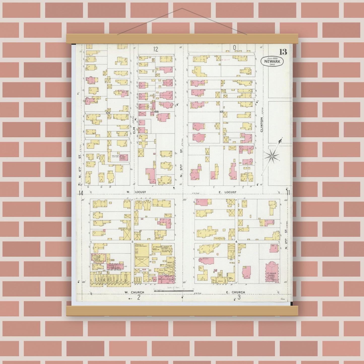 Old map wall art mockup — magnetic wood frame on brick wall — Sanborn Fire Insurance Map from Newark, Licking County, Ohio (1899), Sheet #0013