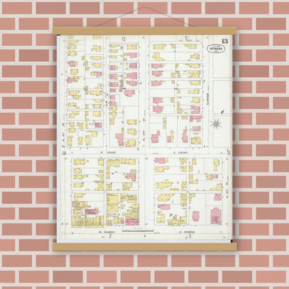 Old map wall art mockup — magnetic wood frame on brick wall — Sanborn Fire Insurance Map from Newark, Licking County, Ohio (1899), Sheet #0013