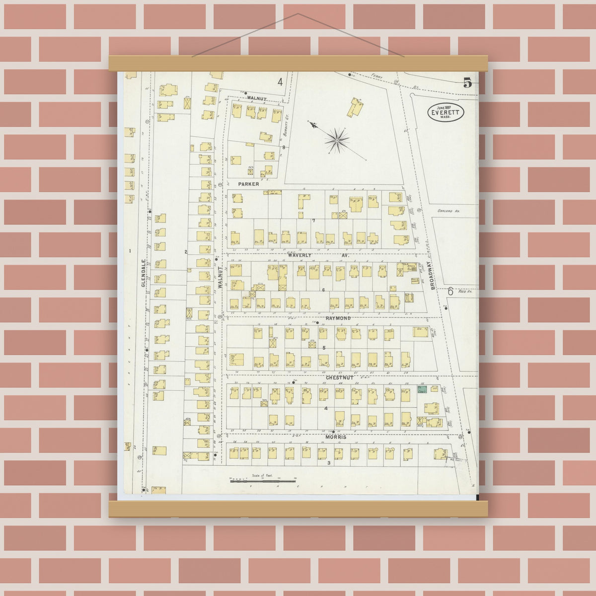 Old map wall art mockup — magnetic wood frame on brick wall — Sanborn Fire Insurance Map from Everett, Middlesex County, Massachusetts (1897), Sheet #0005