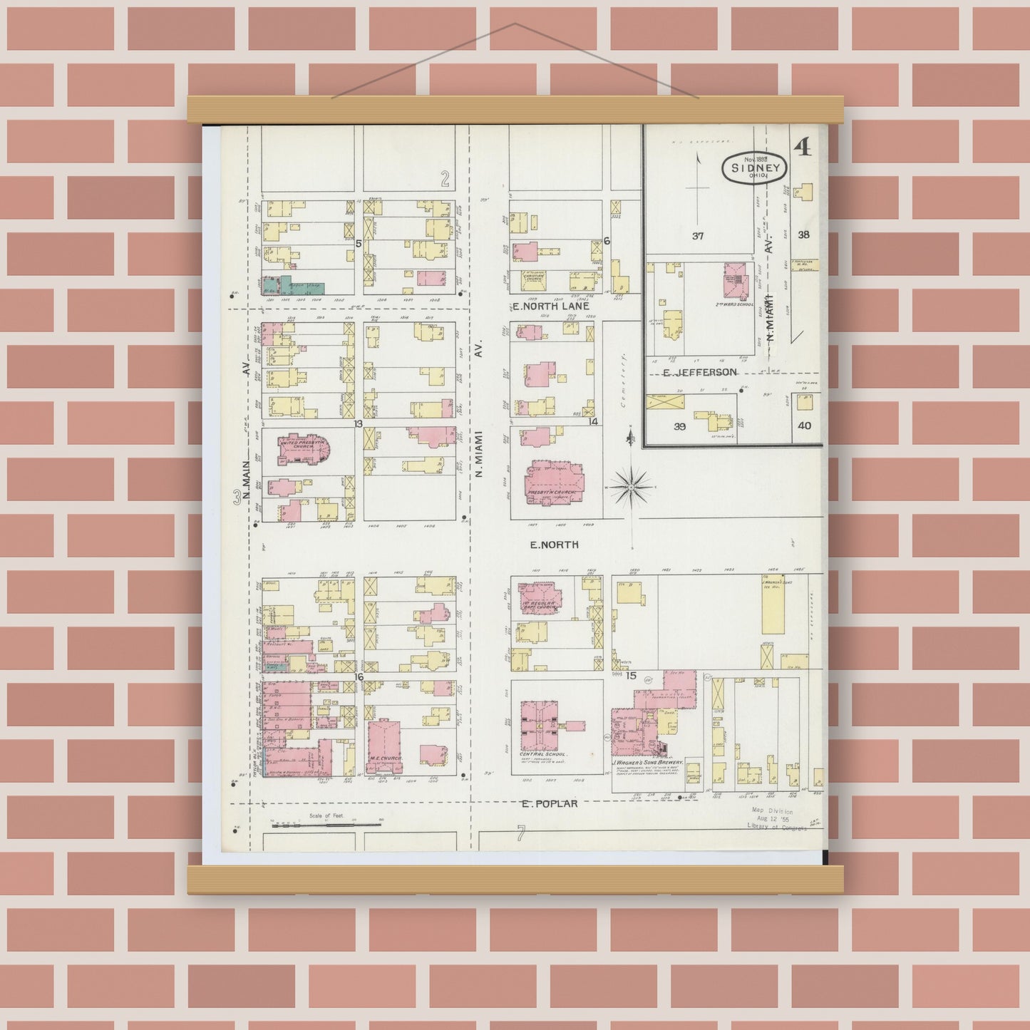 Old map wall art mockup — magnetic wood frame on brick wall — Sanborn Fire Insurance Map from Sidney, Shelby County, Ohio (1892), Sheet #0004