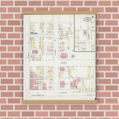 Old map wall art mockup — magnetic wood frame on brick wall — Sanborn Fire Insurance Map from Sidney, Shelby County, Ohio (1892), Sheet #0004