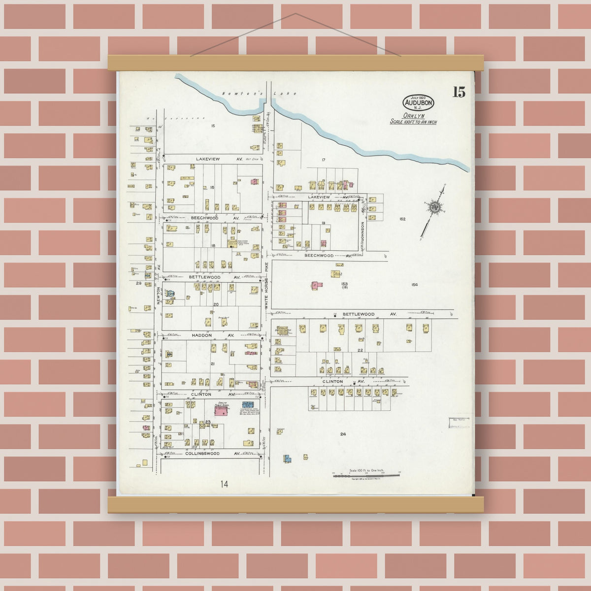 Old map wall art mockup — magnetic wood frame on brick wall — Sanborn Fire Insurance Map from Audubon, Camden County, New Jersey (1920), Sheet #0015