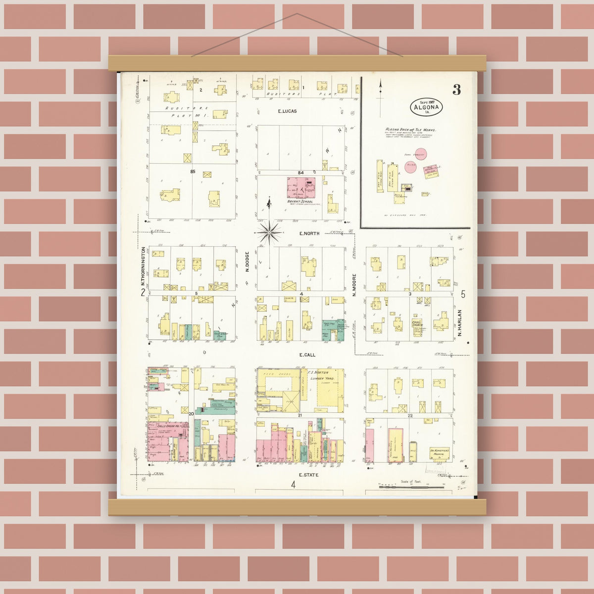 Old map wall art mockup — magnetic wood frame on brick wall — Sanborn Fire Insurance Map from Algona, Kossuth County, Iowa (1907), Sheet #0003